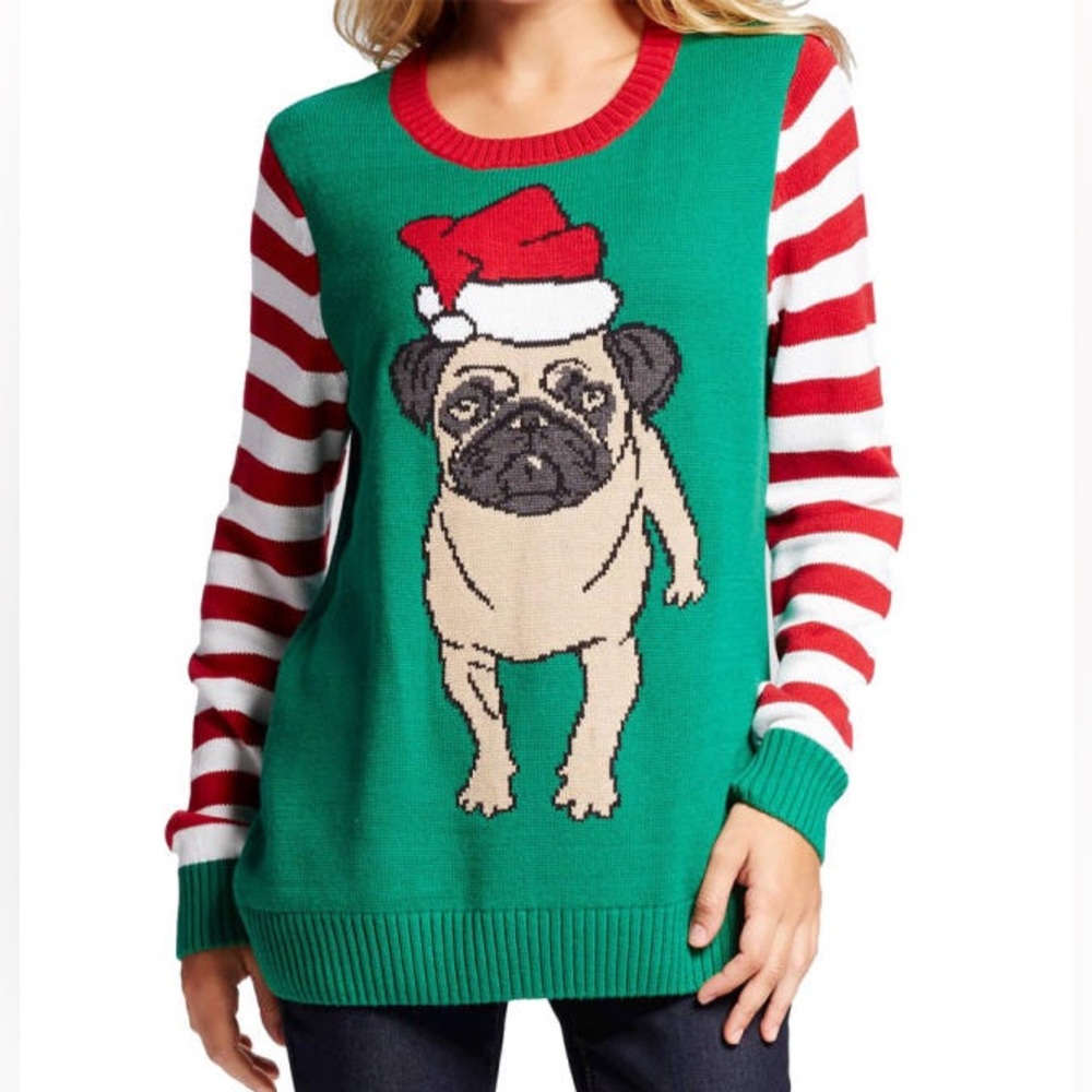 UGLY CHRISTMAS SWEATER Santa Pug Dog Sweater - Women’s Size Small